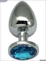 Анальная пробка алюминиевая, большая, 40х90 мм, серебряная, кристалл голубой